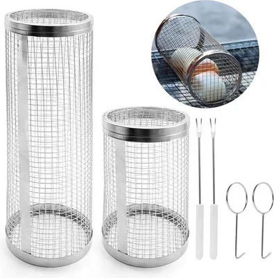 Produktbild von Famanu Grillkorbset, 2 Stück, runder Grillkorb, rollende Grillkörbe, zylindrischer Grillkorb, Edelstahl für Camping- und Terrassengrills (20 cm + 30
