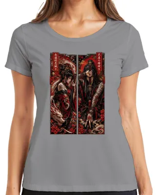 Produktbild von Samurai Katana Drache Japan Tattoo Krieger Anime Manga Y2K Yakuza Damen T-Shirt, Grau, 3XL
