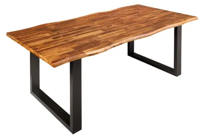 Image de Table de salle à manger NALKO 160 cm – Plateau en bois d'acacia huilé et structure en métal noir – Style industriel et naturel