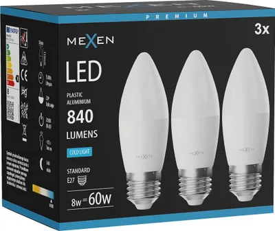 Produktbild von Mexen Nova 3x LED-Glühbirne E27, C37, 8W, Kalt - 6500K, 840 lm - L102-E27-0865-01x03