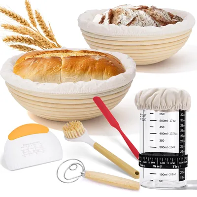 Image de Ensemble de paniers en rotin avec inserts en lin, idéal pour la fermentation du pain au levain