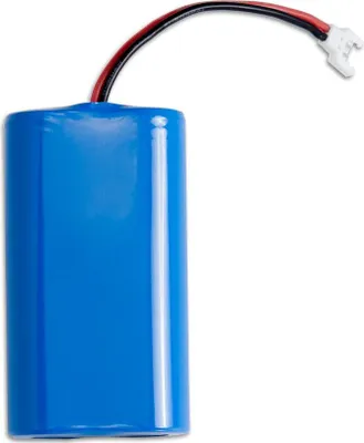 A blue cylindrical battery with a black and red wire connector.