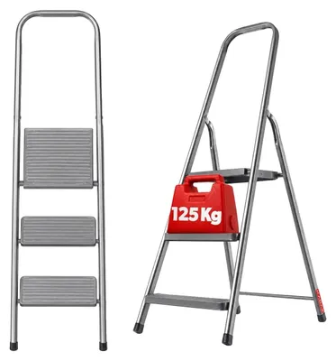 Obrázek produktu pro Ocelová žebřík, maximální nosnost 125 kg, 3 schůdky, protiskluzové povrchy, výška 160 cm, šířka 45 cm