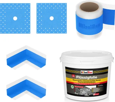 Produktbild von Isolbau Dicht-Set - Inkl. 1x Flüssigfolie (4 kg), 1x Dichtband (5 m), 2x Innenecken & 2x Manschetten