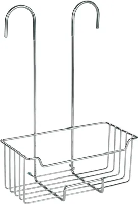 A chrome shower caddy with two hooks for hanging.