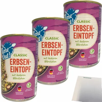 Produktbild von Time Out Erbseneintopf mit Wurst 3er Pack (3x400g Dose) + usy Block