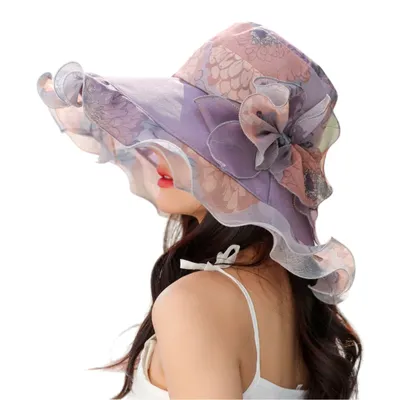 Produktbild von Damen Sonnenhut mit Breiter Krempe, Blumen Organza Hut, Reise Strandhut, Elegant Sommerhut, Lila