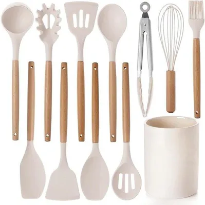 Produktbild von Famanu Küchenutensilien Set, silikonbeschichtetes Kochgeschirr mit Holzgriffen, hitzebeständig, 12-teilig