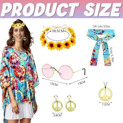 Imagen del producto de Conjunto de disfraz hippie para mujer, de 6 piezas, que incluye poncho, diademas y accesorios, ideal para carnaval