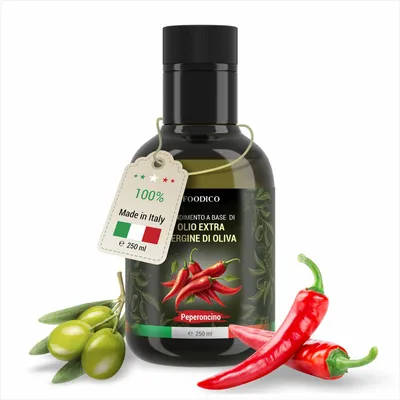 Produktbild von Foodico Olivenöl Extra Vergine mit Chili - Kaltgepresstes Italienisches Olivenöl, ohne Zusatzstoffe, 250ml Glasflasche