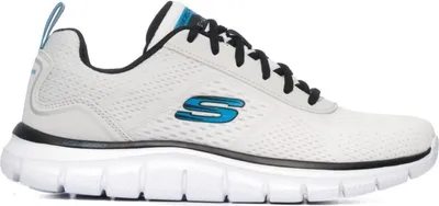 A side view of a white Skechers athletic shoe with black laces and blue accents.