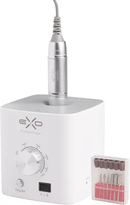 A white electric nail drill with a silver handpiece and a set of drill bits.