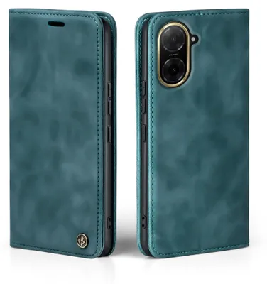 A teal flip case for a smartphone is shown from two angles, open and closed.