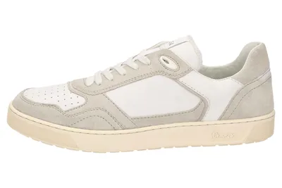 A side view of a white and gray sneaker.