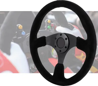 Image de 14in/350mm pour Style 6?Bolt Volant de course en daim noir Couture noire avec bouton de klaxon