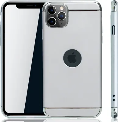 A silver iPhone 11 Pro Max with a clear protective case is shown from multiple angles against a white background.