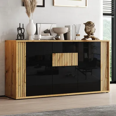 Produktbild von Merax Hochglanz Sideboard Kommode mit 3 Türen und Schließfächer, Wellenmuster-Optik, Wohnzimmerschrank mit 6 Staufächer aus MDF, Schwarz