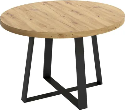 A round wooden table with black metal legs, isolated on a white background.
