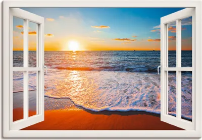 Produktbild von ARTland Leinwandbild Fensterblick Sonnenuntergang Meer Größe: 100x70 cm