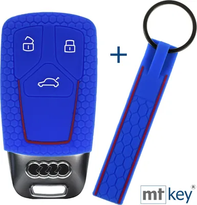 Produktbild von Auto Schlüssel Silikon Schutz Hülle + Schlüsselband im Wabe Design Blau Kompatibel mit Audi A4 A5 A6 A7 TT Q2 Q5 Q7 A8 Q8 3 Tasten KEYLESS SMARTKEY