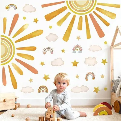 Productafbeelding van Wandstickers Boho Halve Zon - Regenboog Wolken Sterren - Makkelijk te Plakken - Voor Kinderkamer