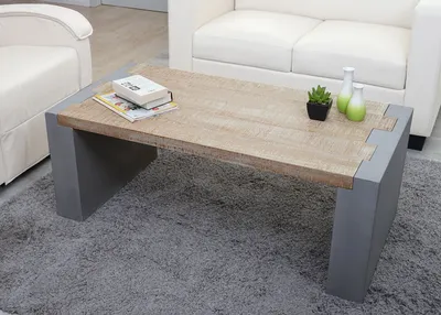 Zdjęcie produktu dla Stolik kawowy HWC-A15, stolik do salonu, rustykalne drewno jodłowe o wyglądzie betonu z certyfikatem MVG 46x122x60cm