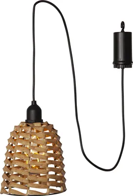 A hanging pendant lamp with a woven rattan-look shade and a black cord.