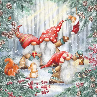 Produktbild von 20 Servietten Gnomes in snowy Forest - Zwerge mit Tiere im Winterwald 33x33cm