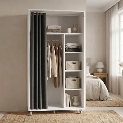 Immagine prodotto di Armadio VCM su ruote, H 175 x L 101 x P 51 cm, con aste appendiabiti, ripiani e tenda, armadio guardaroba mobile - Ostila