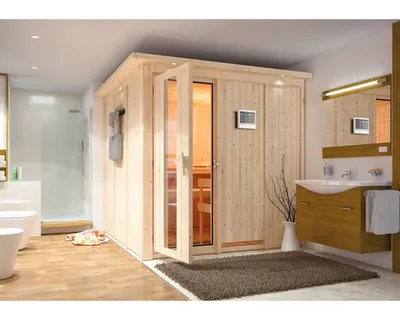 Produktbild von Elementsauna Karibu Rodina inkl. 9 kW Ofen u.ext.Steuerung mit Dachkranz und Holztüre mit Isolierglas wärmegedämmt