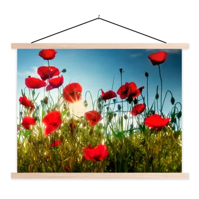 Produktbild von MuchoWow® Textilposter Mohnblumen - Toskana - Sonne - Rot - Blau 40x30 cm mit holzfarbenen Rahmen - Bilder