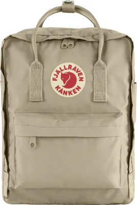 A front view of a beige Fjällräven Kånken backpack.