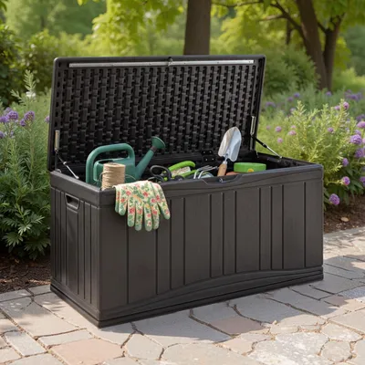 Produktbild von 300L Gartenbox, Auflagenbox wasserfest mit Deckel, Stützstangen & Schlossöffnung, Aufbewahrungsbox aus HDPE (Braun)