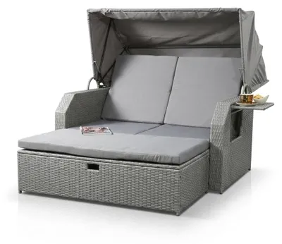 Produktbild von Mucola Strandkorb Rattan Sonnenbett mit verstellbarem Dach Polyrattan Sonnenliege Liegebett Relaxliege Gartenliege Gartenmöbel - Grau