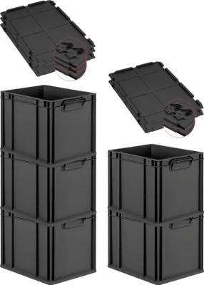 Produktbild von SuperSparSet 5x Eurobox NextGen Grip mit Scharnierdeckel und schwarzen Schiebeschnappverschlüssen | HxBxT 32x30x40cm | 30 Liter | Schwarz | Griffe geschlossen | Eurobehälter, Transportbox, Transportbehälter, Stapelbehälter