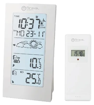 Produktbild von Miraval Funk-Wetterstation Basic – DCF77, Außensensor 100 m, Temperaturanzeige, Wettervorhersage, 2 Alarme, Displaybeleuchtung Weiß