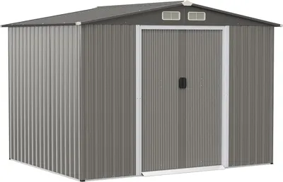 A gray metal garden shed with a dark gray roof and double doors.