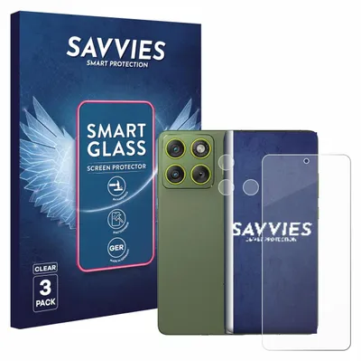 A product shot showing a screen protector packaging, a phone, and a screen protector.