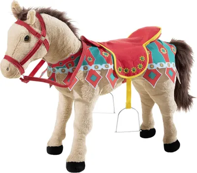 A plush toy horse with a saddle and bridle, standing on a white background.