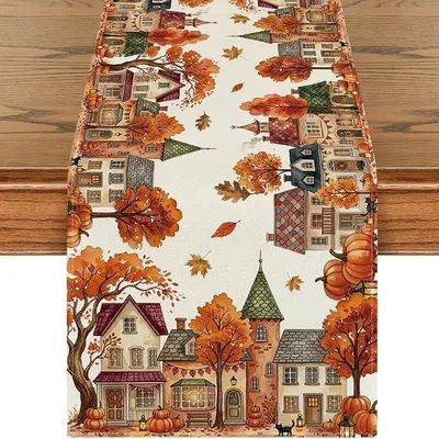 Produktbild von PolkaHome® Herbst Tischläufer 33x183 cm mit Herbststadt-Motiv, Moderne Herbst Tischdecke für Esstisch, Buffet und Thanksgiving Deko