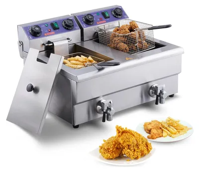Obrázok produktu pre Komerčná, nerezová, elektrická dvojitá fritéza s dvoma nádržami a časovačom, objem 24 litrov, výkon 3000 W