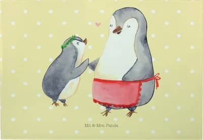 Produktbild von Mr. & Mrs. Panda Brotzeitplatte Pinguin mit Kind - Gelb Pastell - Geschenk, Schneideunterlage, Familie, Muttertag, Vorbild Mama, Mom, vesperbrett, Servierplatte, Mutter