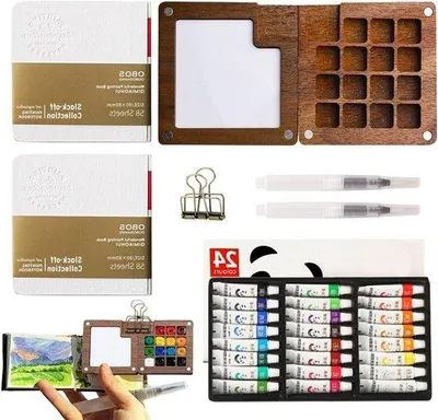 Produktbild von Komplettes Wasserfarben-Set mit 24 Farben, Tragbarer Palette, Holzschetsboek, Wasserfarbenpapier und Pinseln für kreative Kunstprojekte