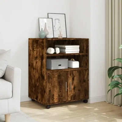 Image de Étagère mobile en bois avec compartiments ouverts et roulettes