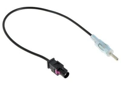 A black cable with two connectors, one on each end, against a white background.