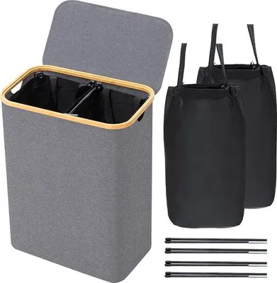 Imagen del producto de Cesta de ropa con tapa, 2 compartimentos, opcionalmente con bolsa para ropa, 123 litros, color gris