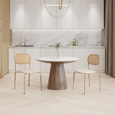 Produktbild von UnboxG 2 x Küchenstuhl , Esszimmerstühle Rückenlehne aus Rattan Schwingstuhl Polsterstuhl für Esszimmer/Küche/Wohnzimmer/Restaurant