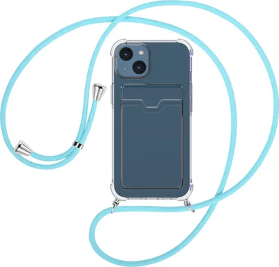 Produktbild von Handykette Backcover-Schutzhülle mit Band (Metall silberfarben) für Apple iPhone 15 - himmelblau