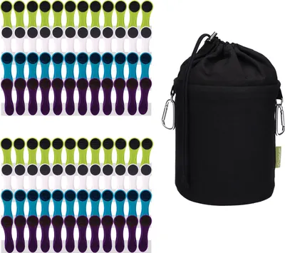 Produktbild von 96 Wäscheklammern mit Softgrip Blau Grün Weiß Lila Anthrazit und 1 Canvas Wäscheklammerbeutel Schwarz