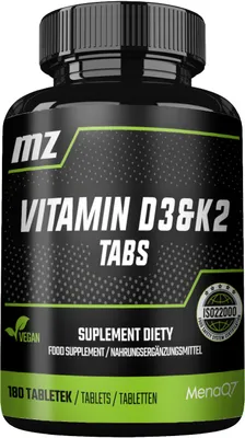 A product shot of a bottle of Vitamin D3 & K2 supplement tablets.